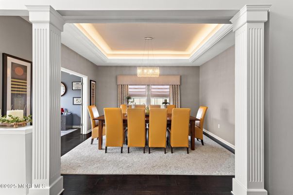 Chandelier, Dining room, Interior, Pendant Lights, Wood Texture Flooring