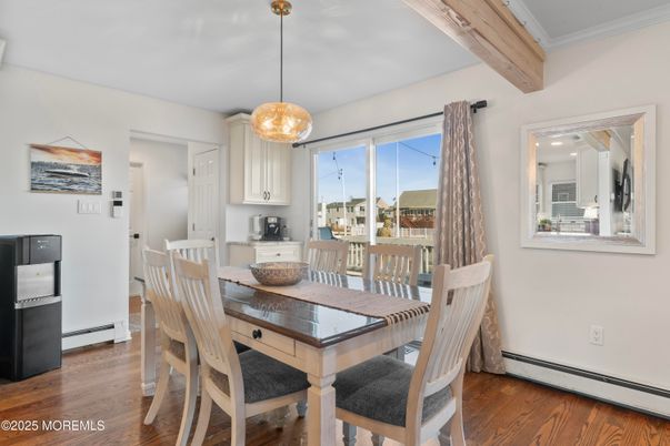 Dining room, Interior, Pendant Lights, Wood Texture Flooring