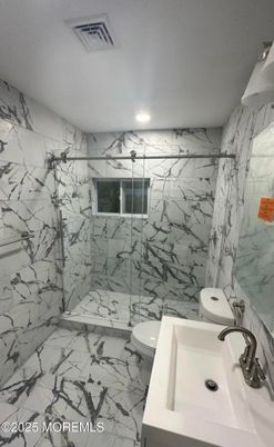 Bathroom, Glass Shower, Interior, Marble, Marble Walls, Recessed Lighting