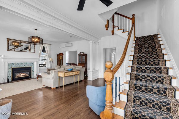 Fireplace, Interior, Living room, Pendant Lights, Wood Texture Flooring
