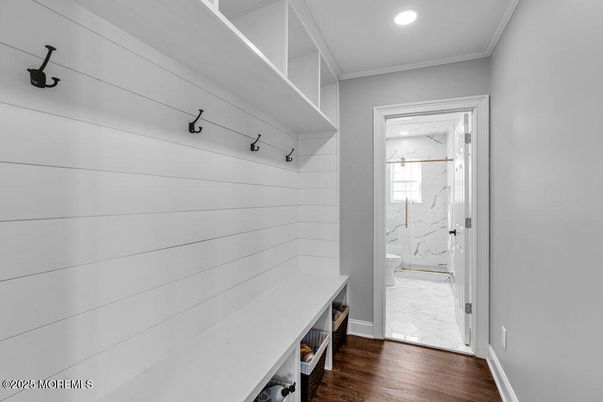 Bathroom, Interior, Marble, Marble Walls, Recessed Lighting, Wood Texture Flooring