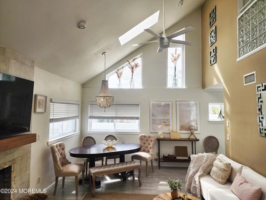 Chandelier, Dining room, Fireplace, Interior, Pendant Lights, Wood Texture Flooring