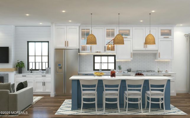 Fireplace, Interior, Kitchen, Pendant Lights, Recessed Lighting, Stainless Steel Appliances, Wood Texture Flooring