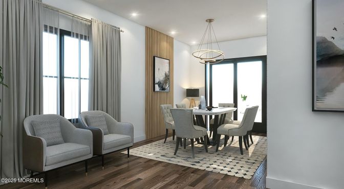 Dining room, Interior, Pendant Lights, Recessed Lighting, Wood Texture Flooring