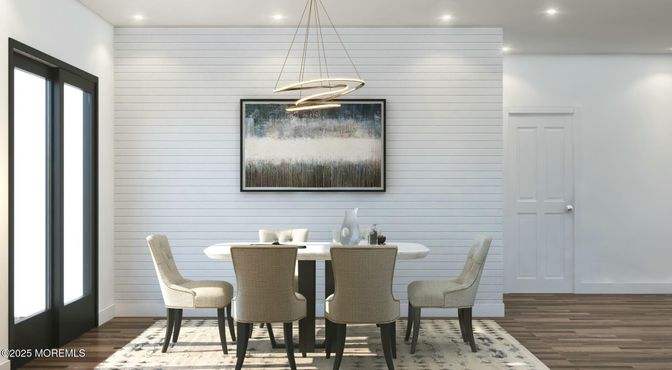 Dining room, Interior, Pendant Lights, Recessed Lighting, Wood Texture Flooring