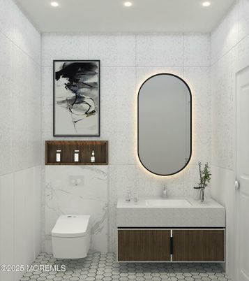 Bathroom, Interior, Marble Walls, Recessed Lighting