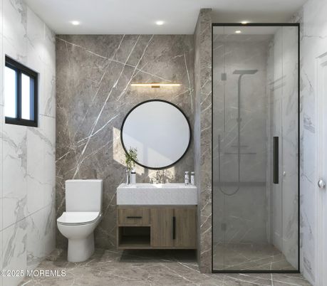 Bathroom, Glass Shower, Interior, Marble Walls, Recessed Lighting