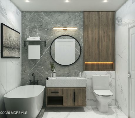 Bathroom, Dual Sink Vanities, Free Standing Baths, Interior, Marble, Marble Walls, Recessed Lighting