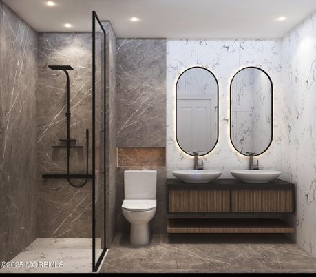 Bathroom, Dual Sink Vanities, Glass Shower, Interior, Marble Walls, Recessed Lighting