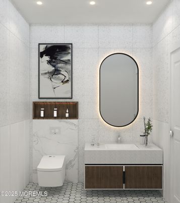 Bathroom, Interior, Marble Walls, Recessed Lighting
