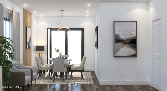Dining room, Interior, Pendant Lights, Recessed Lighting, Wood Texture Flooring