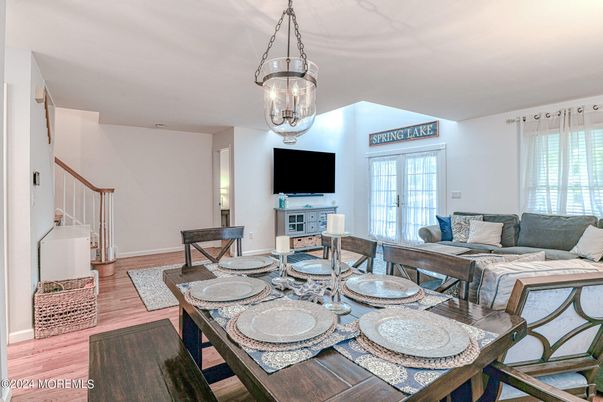 Dining room, Interior, Living room, Pendant Lights, Wood Texture Flooring