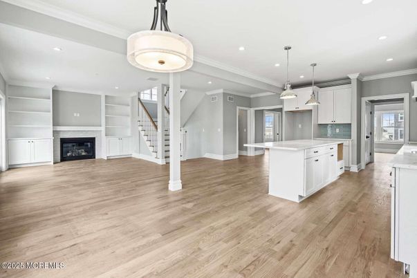 Fireplace, Interior, Kitchen, Pendant Lights, Recessed Lighting, Wood Texture Flooring