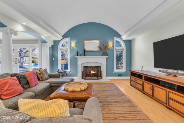 Fireplace, Interior, Living room, Recessed Lighting, Wood Texture Flooring