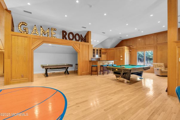 Billiard Table, Game Room, Interior, Recessed Lighting, Wood Texture Flooring, Wooden Walls