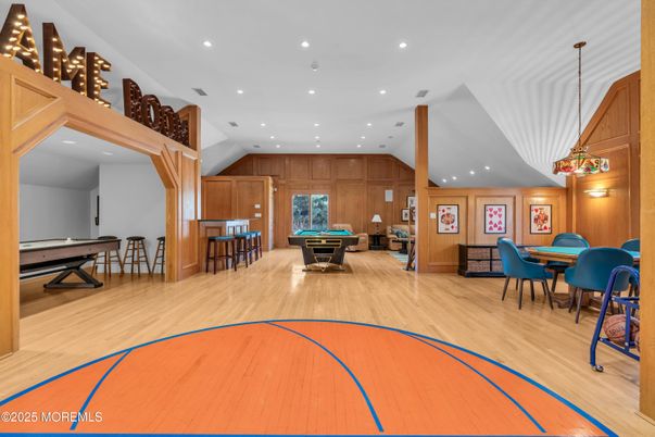 Billiard Table, Game Room, Interior, Recessed Lighting, Wood Texture Flooring, Wooden Walls