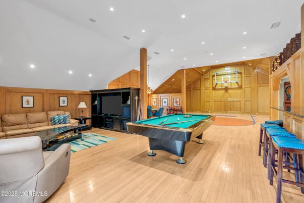 Billiard Table, Game Room, Interior, Living room, Recessed Lighting, Wood Texture Flooring, Wooden Walls