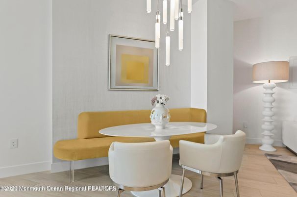Dining room, Interior, Pendant Lights, Wood Texture Flooring