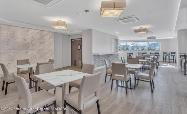 Dining room, Interior, Marble Walls, Recessed Lighting, Wood Texture Flooring