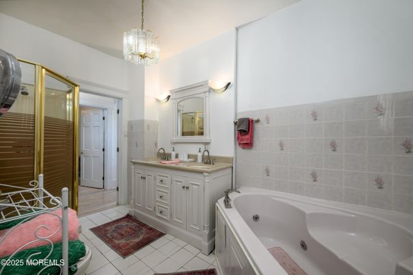 Bathroom, Dual Sink Vanities, Glass Shower, Interior, Pendant Lights