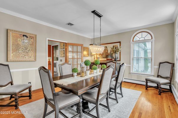 Chandelier, Dining room, Interior, Wood Texture Flooring