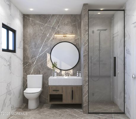 Bathroom, Glass Shower, Interior, Marble Walls, Recessed Lighting