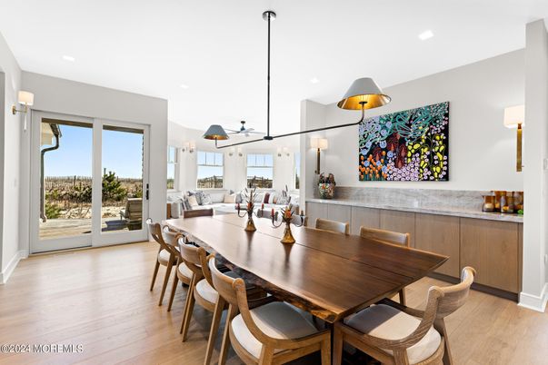 Dining room, Interior, Living room, Pendant Lights, Recessed Lighting, Wood Texture Flooring