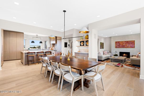 Dining room, Fireplace, Interior, Kitchen, Living room, Pendant Lights, Recessed Lighting, Wood Texture Flooring