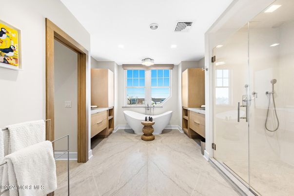 Bathroom, Free Standing Baths, Glass Shower, Interior, Marble, Recessed Lighting