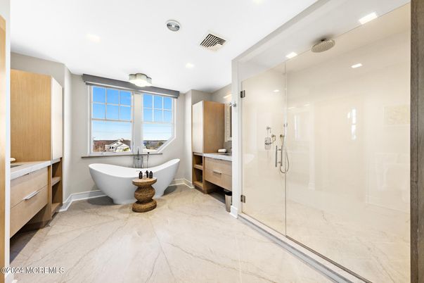 Bathroom, Free Standing Baths, Glass Shower, Interior, Marble, Recessed Lighting