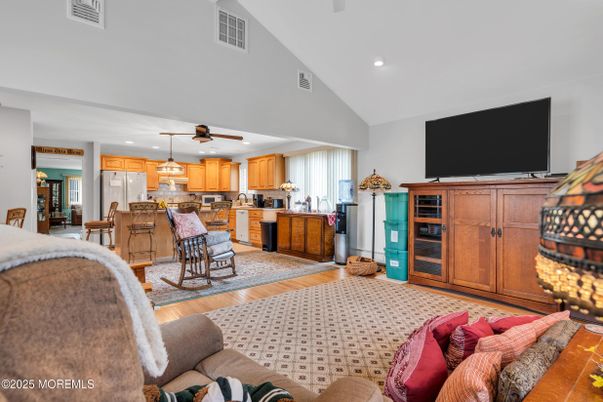 Dining room, Interior, Kitchen, Living room, Pendant Lights, Recessed Lighting, Stainless Steel Appliances, Wood Texture Flooring