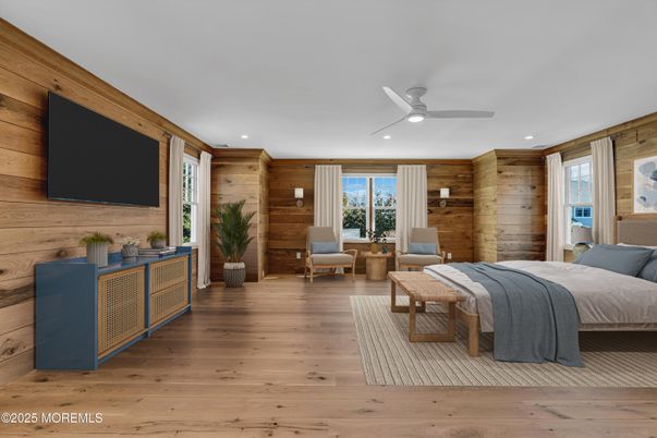 Bedroom, Interior, Recessed Lighting, Wood Texture Flooring, Wooden Walls