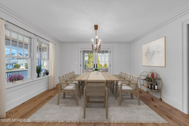 Dining room, Interior, Pendant Lights, Wood Texture Flooring