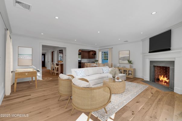 Fireplace, Interior, Living room, Recessed Lighting, Wood Texture Flooring