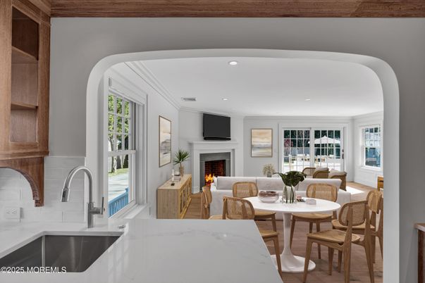 Dining room, Fireplace, Interior, Kitchen, Living room, Recessed Lighting, Wood Texture Flooring