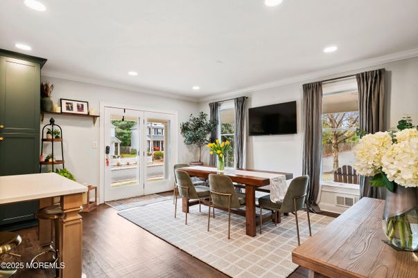 Dining room, Interior, Recessed Lighting, Wood Texture Flooring