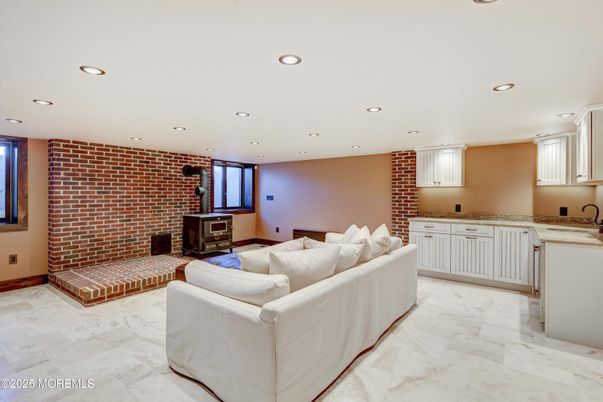 Fireplace, Interior, Living room, Recessed Lighting, Stone Walls