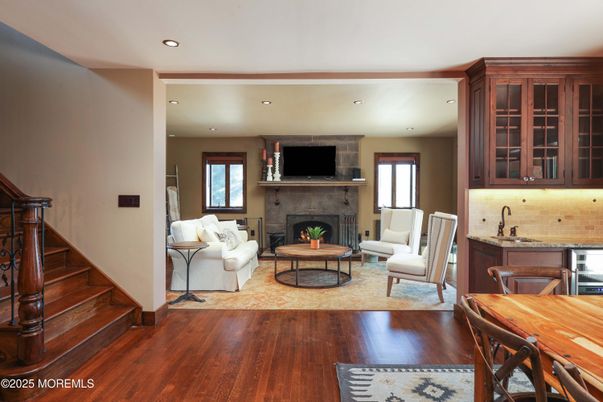Fireplace, Interior, Living room, Recessed Lighting, Wood Texture Flooring