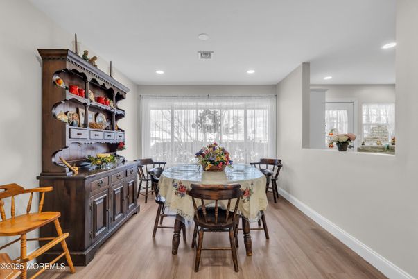 Dining room, Interior, Recessed Lighting, Wood Texture Flooring
