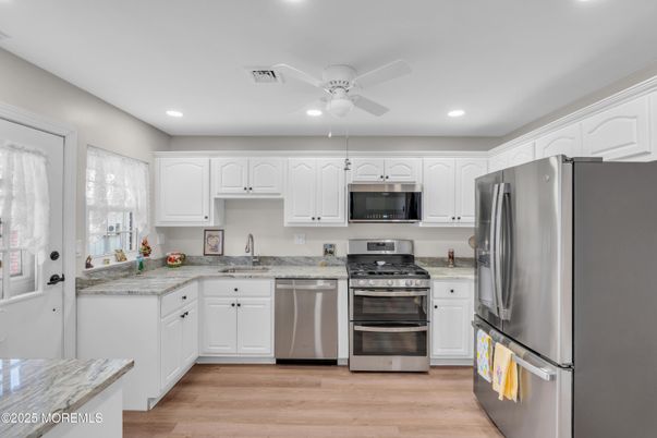 Interior, Kitchen, Recessed Lighting, Stainless Steel Appliances, Wood Texture Flooring