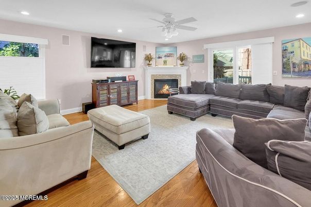 Fireplace, Interior, Living room, Recessed Lighting, Wood Texture Flooring
