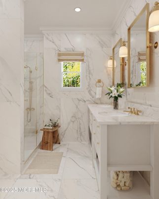 Bathroom, Dual Sink Vanities, Glass Shower, Interior, Marble, Marble Walls, Recessed Lighting