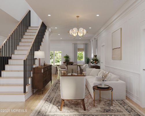 Chandelier, Dining room, Interior, Living room, Recessed Lighting, Wood Texture Flooring