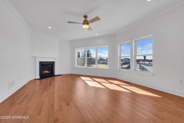 Empty room, Fireplace, Interior, Recessed Lighting, Wood Texture Flooring