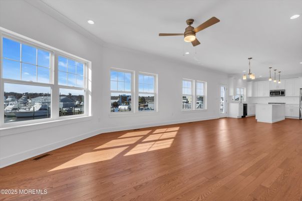 Empty room, Interior, Kitchen, Pendant Lights, Recessed Lighting, Wood Texture Flooring