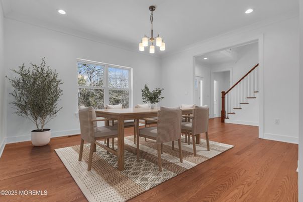 Dining room, Interior, Pendant Lights, Recessed Lighting, Wood Texture Flooring