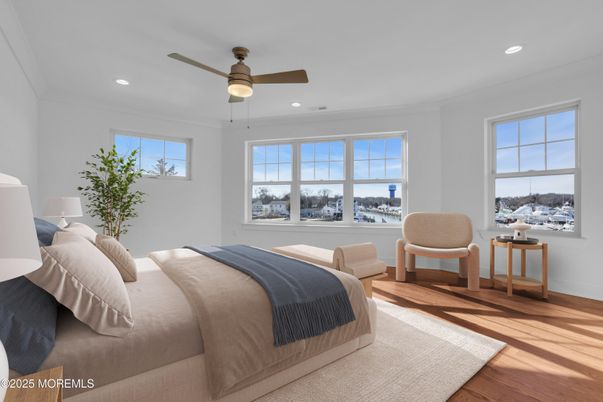 Bedroom, Interior, Recessed Lighting, Wood Texture Flooring