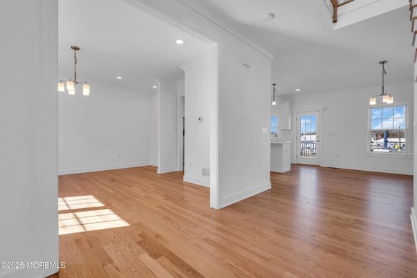 Empty room, Interior, Pendant Lights, Recessed Lighting, Wood Texture Flooring