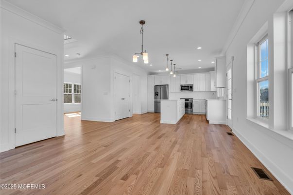 Interior, Kitchen, Pendant Lights, Recessed Lighting, Stainless Steel Appliances, Wood Texture Flooring