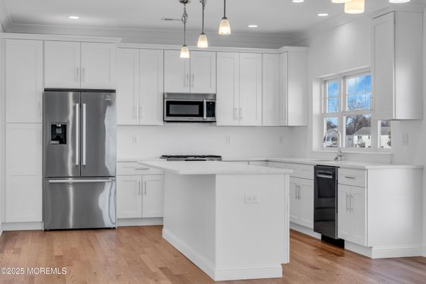 Interior, Kitchen, Pendant Lights, Recessed Lighting, Stainless Steel Appliances, Wood Texture Flooring